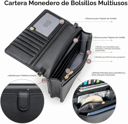 Vista 3 de nuoku - Bolso bandolera pequeño para mujer con ranuras para tarjetas RFID, 2 correas negro (A- Black)