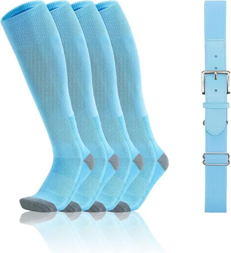 Vista 7 de QBK Conjunto combinado de calcetines y cinturón de béisbol para niños pequeños de 2 a 16 años (2 pares de calcetines y 1 cinturón)