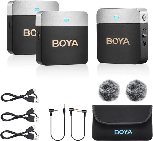 Vista 9 de BOYA Micrófono Lavalier inalámbrico de 2.4 GHz Duan Channel Sistema de micrófono inalámbrico con transmisor y 1 receptor para cámara iPhone