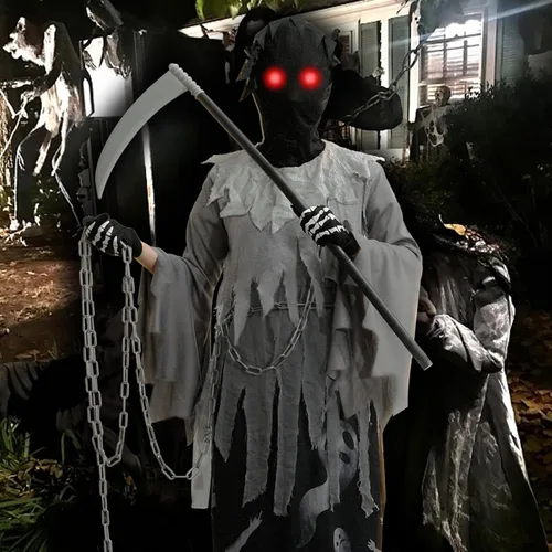 Vista 6 de Dekewe Disfraces de Halloween de la parca para niños y niñas, disfraz de Halloween aterrador con ojos brillantes de la guadaña Cosplay