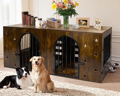 Vista 9 de Mueble de jaula para perros pequeños y medianos, perrera de metal de madera resistente para interiores con cuencos, jaula decorativa para mascotas