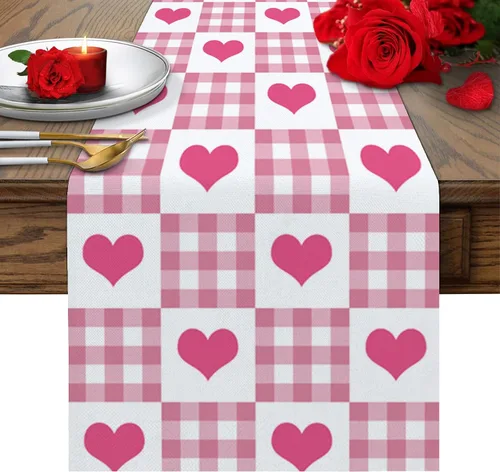 Vista 11 de Camino de mesa para decoración del día de San Valentín, diseño de gnomo, corazón, rojo, a cuadros, búfalo, algodón, lino, decoración de mesa