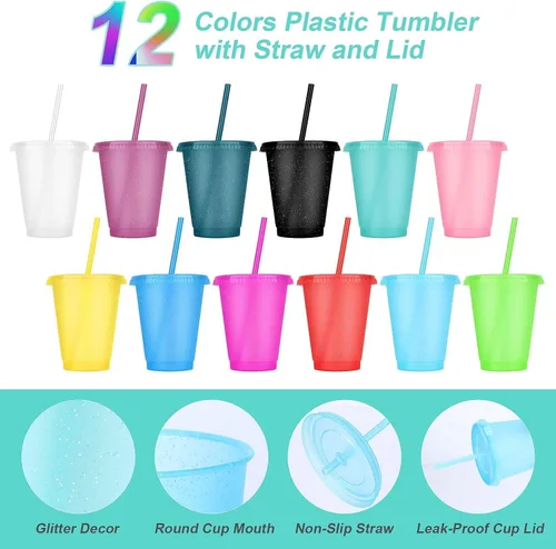 Vista 3 de 24 Piezas Vasos de Plástico con Tapas y Pajitas, Vasos Reutilizables con Tapas Vasos Coloridos de Plástico para Fiesta de Cumpleaños, Taza de Café