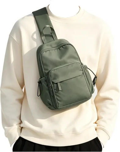 Vista 11 de SEAFEW Small Beige Sling Backpack Travel Hiking Daypack, Crossbody Sling Bag with USB Charging Port for Men Women 3 Layer Pockets One Shoulder Bag