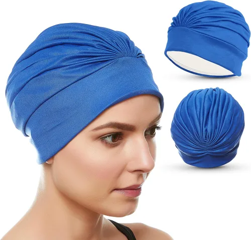 Vista 13 de BEEMO Gorros de natación para mujer, turbante de natación, de poliéster, con forro de látex, plisado para mujer Negro