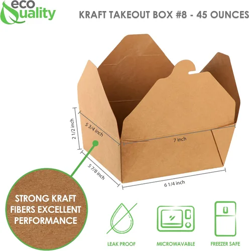 Vista 2 de [Paquete de 50] Contenedores de comida para llevar de 45 onzas, cajas de papel kraft marrón para llevar, resistentes a la grasa para microondas