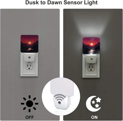 Vista 3 de Paquete de 2 luces LED de noche enchufables rojas al atardecer, luces nocturnas enchufables a la pared, lámpara de noche moderna con sensor de luz