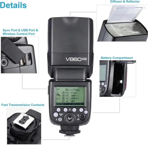 Vista 3 de Godox V860II-N TTL Flash para Nikon, GN60 2.4G inalámbrico 1/8000s HSS Batería de iones de litio de 11.1 V 2000 mAh, aproximadamente 650 destellos