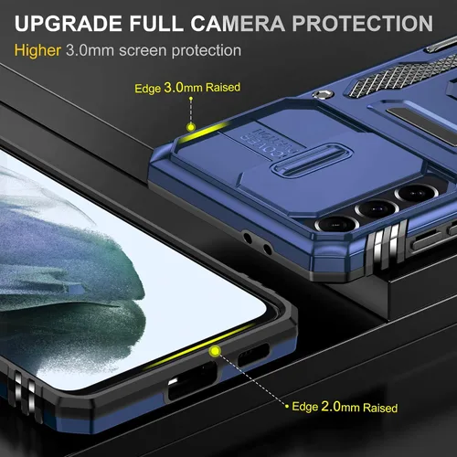 Vista 6 de Funda para Samsung Galaxy S21 FE 5G con cubierta para lente de cámara, protector de pantalla HD, soporte de anillo magnético probado contra caídas