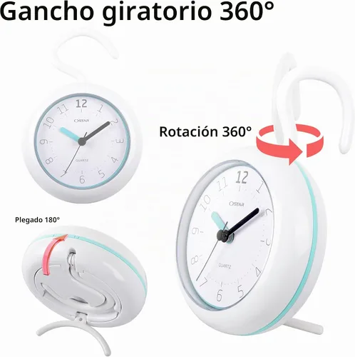 Vista 7 de OSTAR Reloj de ducha de baño impermeable, reloj analógico de cuarzo, soporte colgante de doble propósito, funciona con pilas AA, tamaño redondo