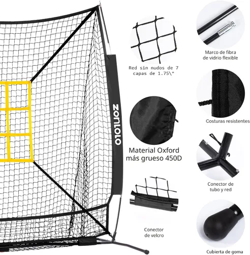 Vista 3 de ZONLOLO 6x6ft Baseball & Softball Net for Hitting,Pitching and Batting, Throwing,Baseball net with Sturdy Bow Frame,Battting Tee,Strike Zone, Middle
