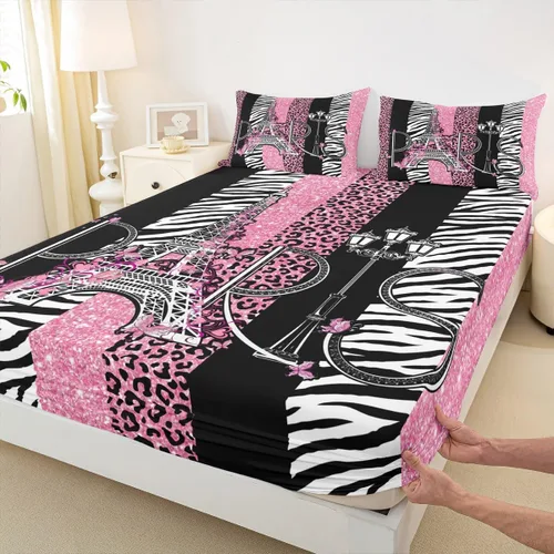 Vista 22 de Sábana bajera ajustable para niños, tamaño individual, diseño de cebra y leopardo con purpurina, decoración de habitación para niñas y mujeres, A1