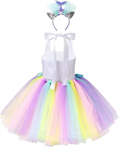 Vista 2 de TiaoBug Kids Girls Mermaid Costumes Fairy Princess Tutu Dress with Flower Headband Set Birthday Party Fancy Dress Up