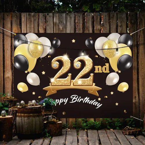 Vista 5 de Telón de fondo de pancarta de feliz cumpleaños 22 – Suministros de decoración de fiesta de cumpleaños 22 para hombres y él – Negro dorado 4 x 6 pies