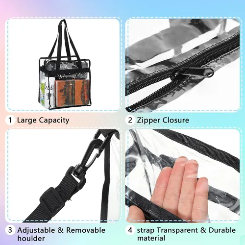 Vista 5 de 6 bolsas transparentes de mano, bolsa de hombro para estadio aprobada por seguridad, cierre de cremallera, 12 x 12 x 6 pulgadas, mujeres adultas