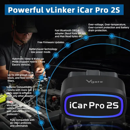 Vista 7 de iCar Pro 2S OBD2 Adaptador Bluetooth Comprobación motor lector de código de vehículo Herramientas de diagnóstico para iOS y Android y Windows Hecho