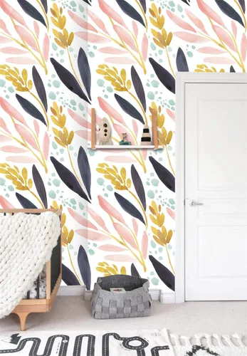 Vista 5 de HaokHome - Papel tapiz adhesivo para repisas, vinilo, bosque en acuarela, diseño floral, color blanco, rosa, azul marino y amarillo, removible, 17.7