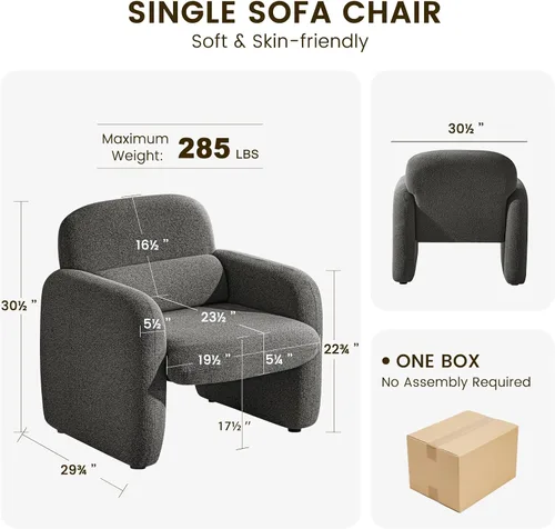 Vista 2 de Furniliving Silla decorativa de chenilla, sillón moderno con patas de Gris