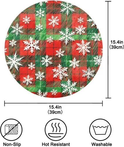Vista 4 de Manteles individuales redondos de tela con patrón de copos de nieve blancos con patrón de cuadros rojos y verdes de Feliz Navidad, 15 x 15 pulgadas