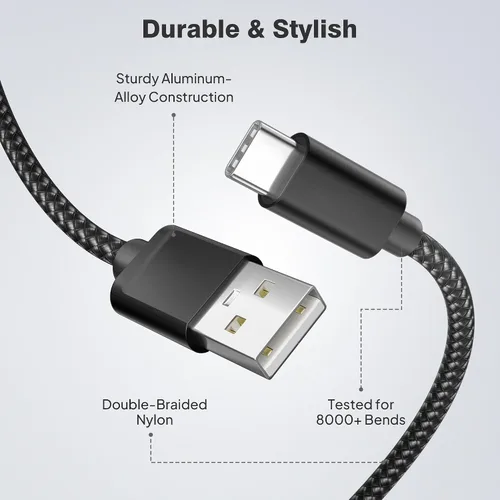 Vista 4 de Cable de carga USB tipo C, paquete de 3, (1.5/3.3/6.6 pies), de nailon, para Samsung Galaxy Fold Note 9, 8, S10, S9, S8, S10E, 10, 10E, Plus, S20