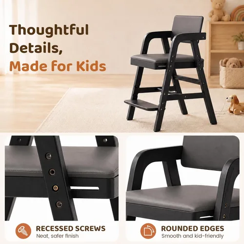 Vista 7 de Silla de comedor de madera para niños pequeños con asiento Negro