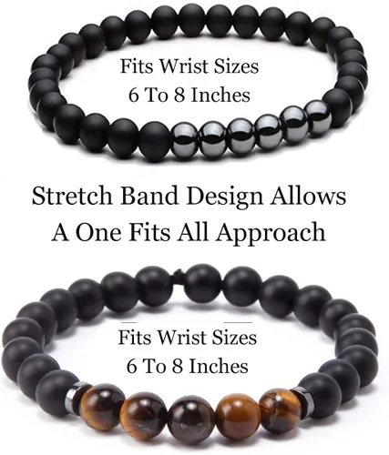 Vista 3 de Roman Ventures - Juego de 2 pulseras para hombre, hematita y ágata negra mate con ojo de tigre o piedra de lava negra pulsera de hematita pulsera