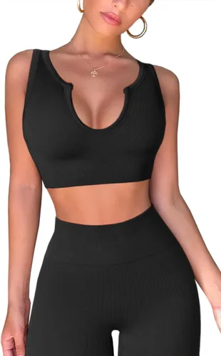 Vista 3 de QINSEN Conjuntos de entrenamiento para mujer, 2 piezas, acanalados, sin costuras, sin mangas, cintura alta, leggings de yoga