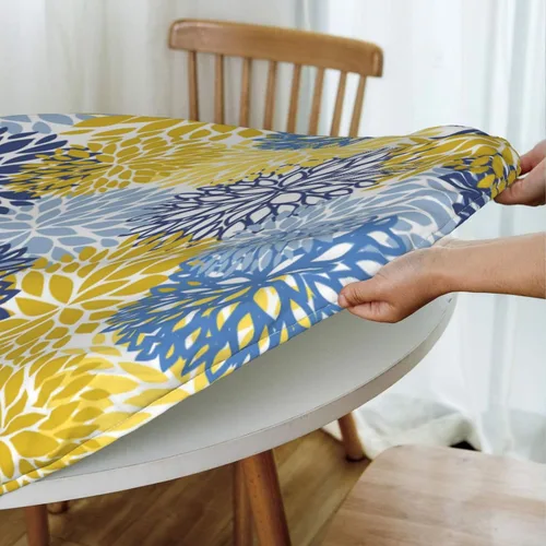 Vista 4 de Fiokroo Mantel de Flores de Crisantemo Azul, Amarillo y Azul Marino con Borde Elástico, Mantel Redondo Lavable y Reutilizable Cubierta de Mesa