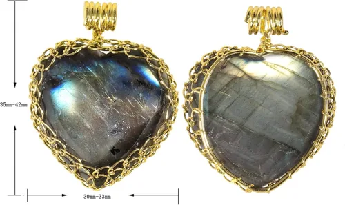 Vista 2 de TUMBEELLUWA Collar de piedra de labradorita de corazón natural para mujer, con colgante de piedra de cristal envuelto en alambre dorado con cadena