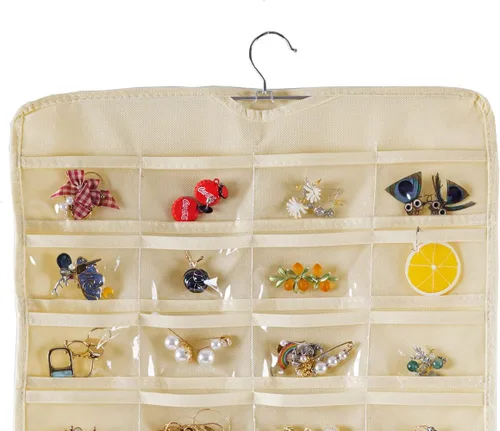 Vista 2 de Bloss Organizador colgante de joyas con 80 bolsillos, colgador de joyas de doble cara para almacenamiento de joyas y aretes, organizadores de joyas
