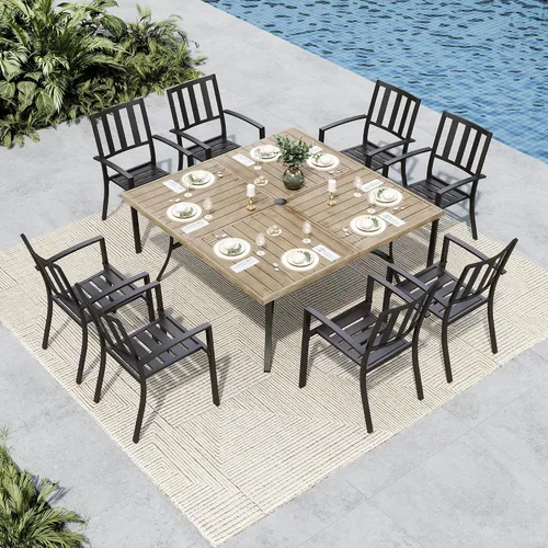 Vista 12 de MFSTUDIO Juego de comedor al aire libre para 8, juego de mesa y sillas de metal para patio, juego de muebles de patio de 9 piezas, juego de comedor