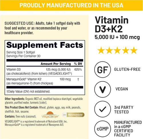 Vista 6 de NatureWise Vitamina vegana D3 + K2 con aceite orgánico de coco MCT – D3 orgánico 5000IU + K2 natural 100mcg – Soporte óseo de alta absorción – Sin
