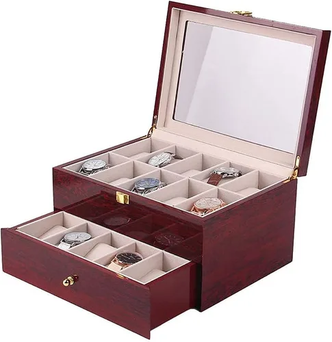 Vista 5 de Caja de madera con 20 ranuras para hombres y mujeres, caja de colección superior de cristal, organizador de almacenamiento de relojes, regalos