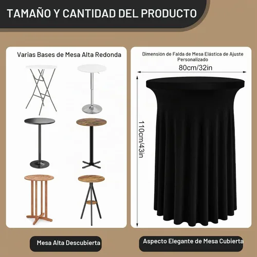 Vista 2 de Paquete de 4 faldas redondas de elastano de 32 x 43 pulgadas para mesa de cóctel con cortinas onduladas, mantel de cóctel elástico, mesas altas Negro