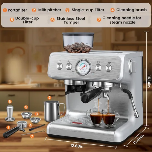 Vista 2 de Máquina de café expreso con molinillo integrado, cafetera profesional de 15 barras con espumador de leche, cafetera espresso de acero inoxidable