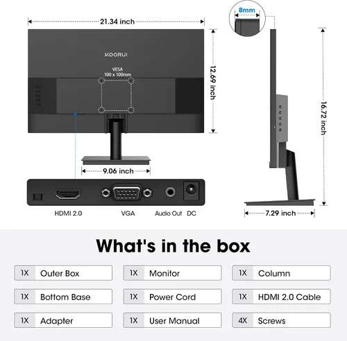 Vista 9 de KOORUI Monitor de juegos de 24 pulgadas 144Hz Full HD 1920 x 1080p IPS ultra delgado con HDMI VGA, sincronización adaptativa, 99% SRGB, VESA