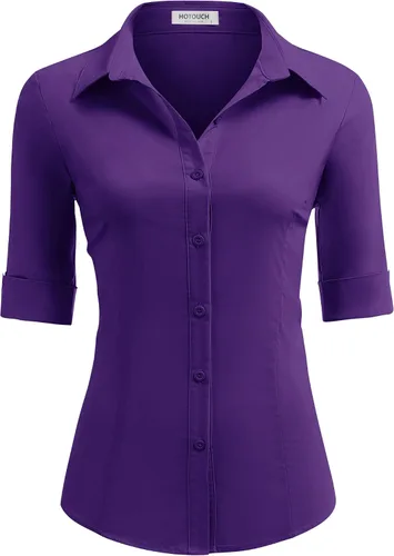 Vista 14 de HOTOUCH Camisas básicas con botones para mujer, manga 3/4, elásticas, con botones, camisa de vestir ajustada para camarera