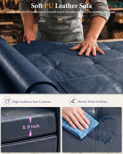 Vista 5 de TYBOATLE Sofá de dos plazas de piel sintética de 65 pulgadas para dormitorio, moderno y cómodo sofá de mediados de siglo con puertos de carga USB