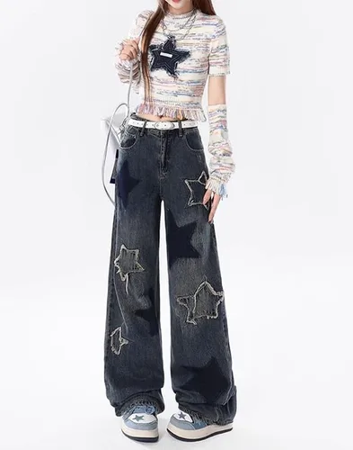 Vista 2 de Lafaguw Pantalones de mezclilla holgados Y2k para mujeres, adolescentes, niñas, pantalones de estrella, gráficos, tiro bajo, jeans vintage estéticos