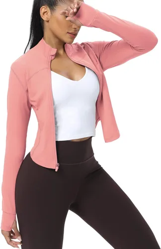 Vista 53 de AVGO Chaquetas de entrenamiento recortadas para mujer, con cremallera, ajustadas, atléticas, con agujeros para el pulgar