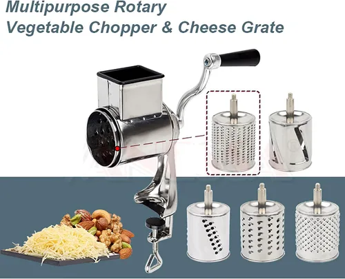 Vista 2 de DYNAMI Rallador giratorio de acero inoxidable 5 en 1, rallador de cocina, cortador de verduras, molinos de alimentos con 5 tambores inoxidables