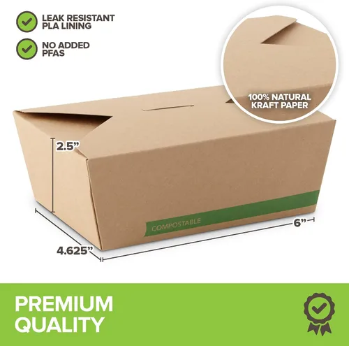 Vista 3 de Juego de 50 recipientes desechables de 45 onzas compostables para alimentos, cajas medianas de papel para llevar, cajas de cartón kraft natural