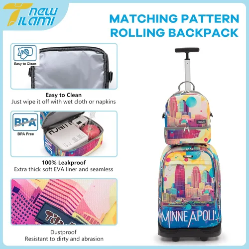 Vista 53 de NEW TILAMI Mochila con ruedas de 19 pulgadas con bolsa de almuerzo para niñas y niños, mochila para laptop con ruedas, bolsa de mano duradera