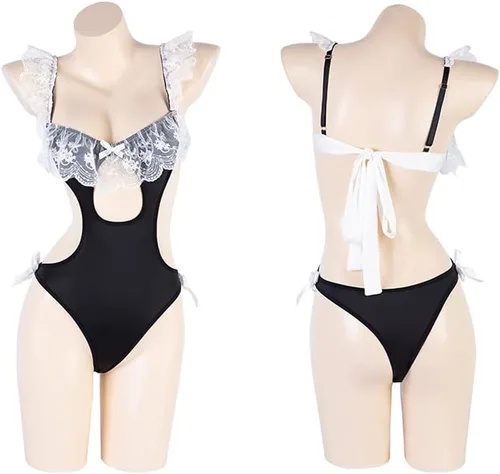 Vista 5 de SNOMYRS Traje de sirvienta para mujer, lencería sexy gótica, vestido de sirvienta, cosplay, delantal francés, traje de anime, babydoll, Negro