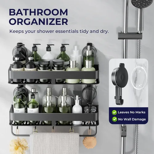 Vista 5 de Organizador de ducha esquinero, con ventosa y ganchos, organizador de baño de aluminio inoxidable sin perforaciones, estantes para decoración
