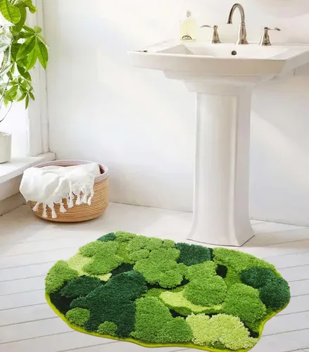 Vista 2 de Hifuwan Lindas Alfombras de Baño de Musgo Verde Shag, Tapetes de Baño de Hojas para Decoración de Baño Estética, Hojas Suaves Antideslizantes