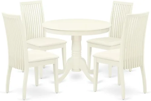 Vista 9 de East West Furniture ANIP5-LWH-W - Juego de mesa de comedor moderno de 5 piezas, incluye una mesa de cocina redonda con pedestal y 4 sillas