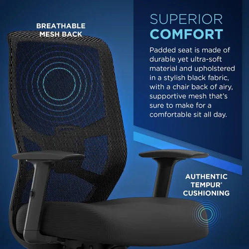 Vista 5 de Tempur-Pedic ProTask - Silla de oficina ejecutiva con respaldo de malla y soporte lumbar integrado, silla de escritorio ergonómica de malla Negro