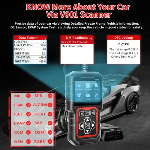 Vista 7 de V601 Escáner de Diagnóstico Profesional OBD2 - Lector Rápido de Códigos de Luz de Verificación del Motor, Probador de Voltaje, Preparación I/M