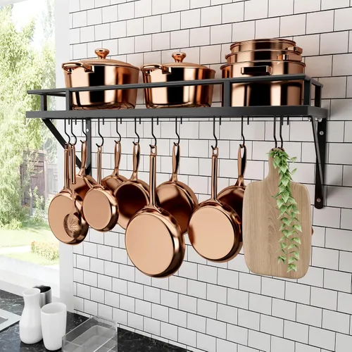 Vista 10 de KES Estante para ollas de cocina de 24 pulgadas montado en la pared, organizador de almacenamiento con ganchos, estante de pared en mate negro